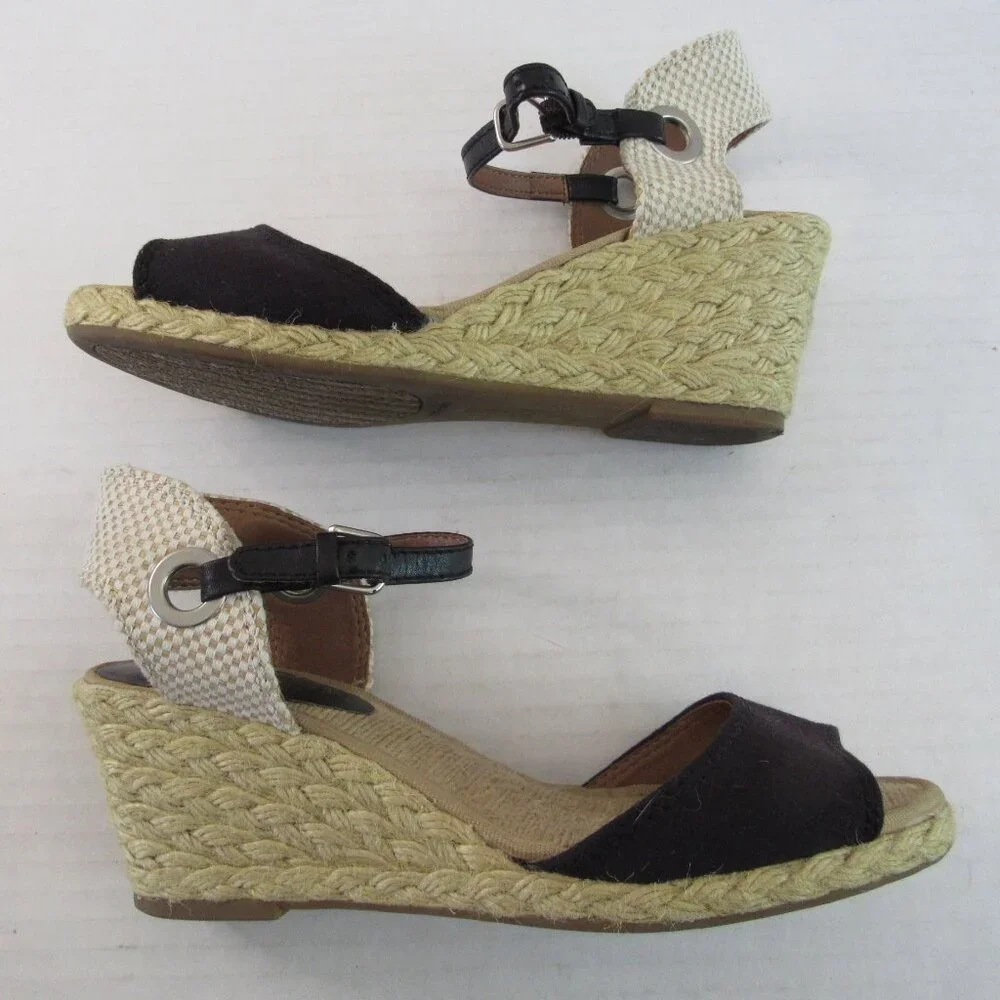 Lucky Brand Espadrille Wedge Sandals Black Tan & White Size 6M